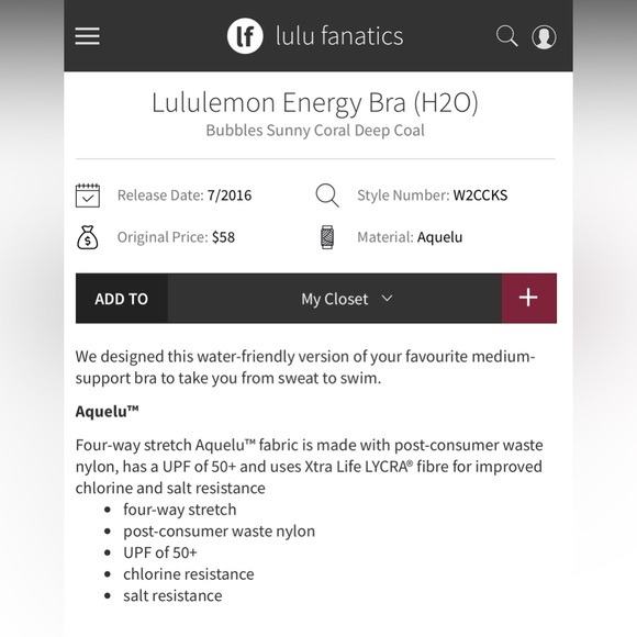 NWT Lululemon Energy Bra (H2O), Bubbles Sunny Coral Deep Coal. Gym/Swim, UPF 50+ - Picture 5 of 13